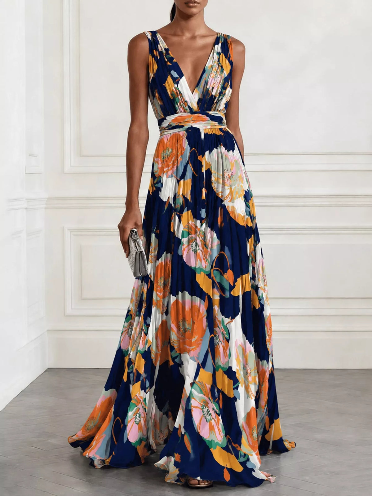 Women's Sleeveless Floral Print Maxi Dress in navy floral — front view