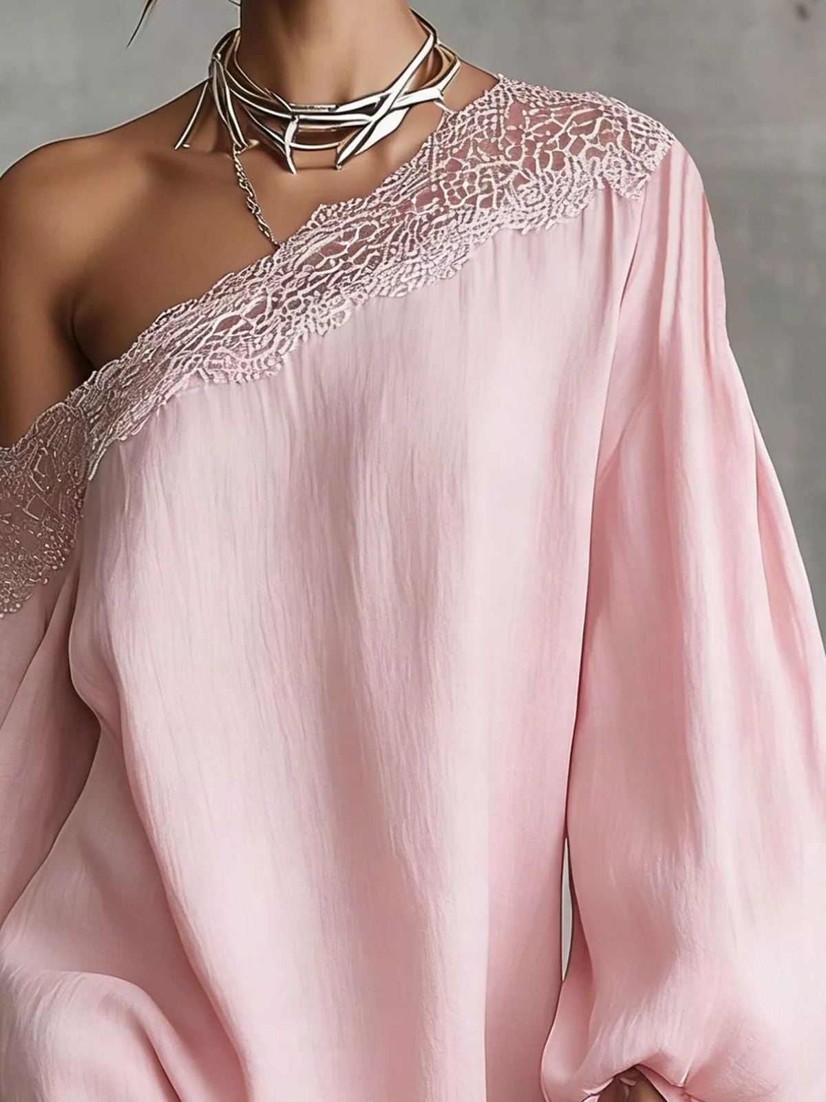 Trendsi One-Shoulder Lace Trimmed Puff Sleeve Mini Dress -