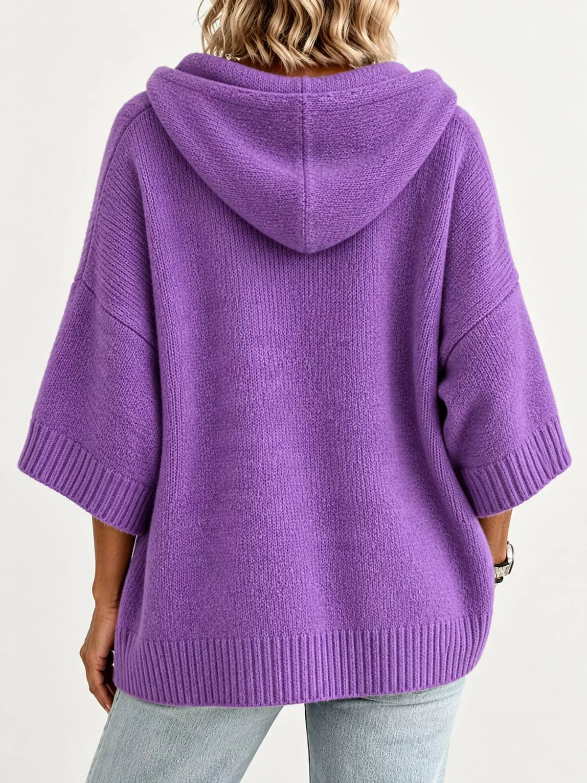 Hooded knit cardigan, purple back