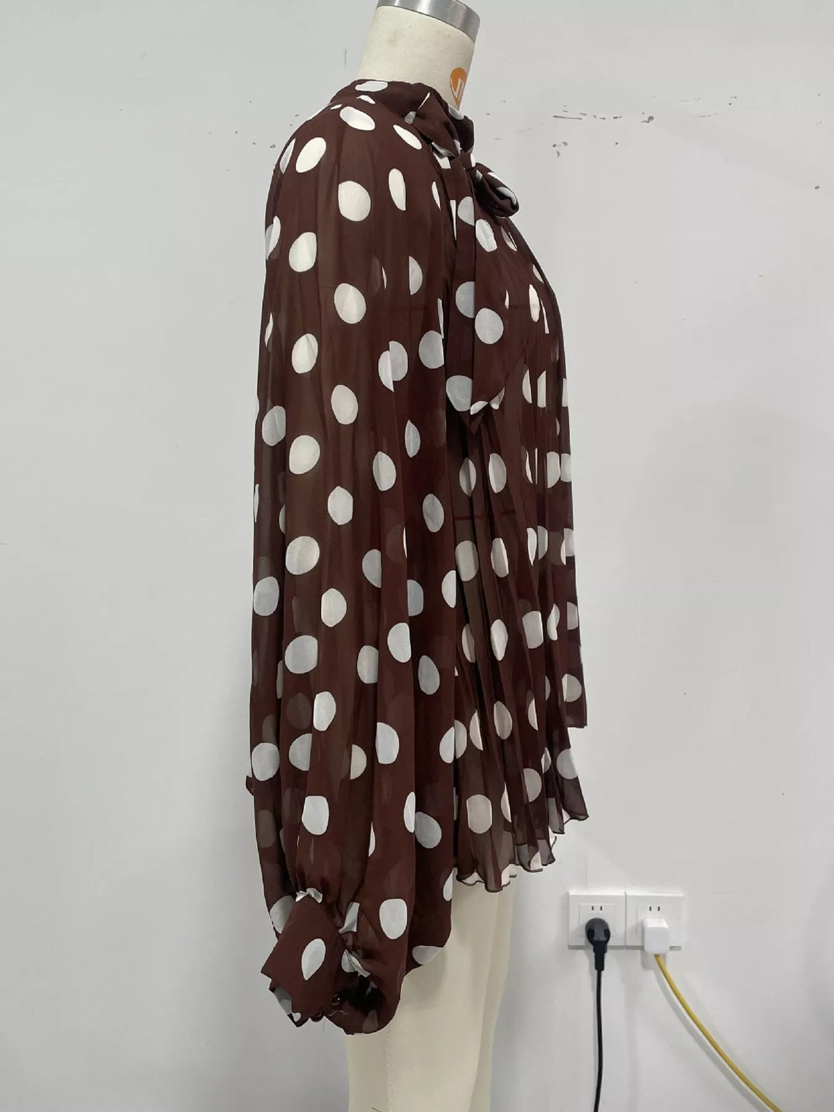Coffee polka dot long sleeve blouse, detail view