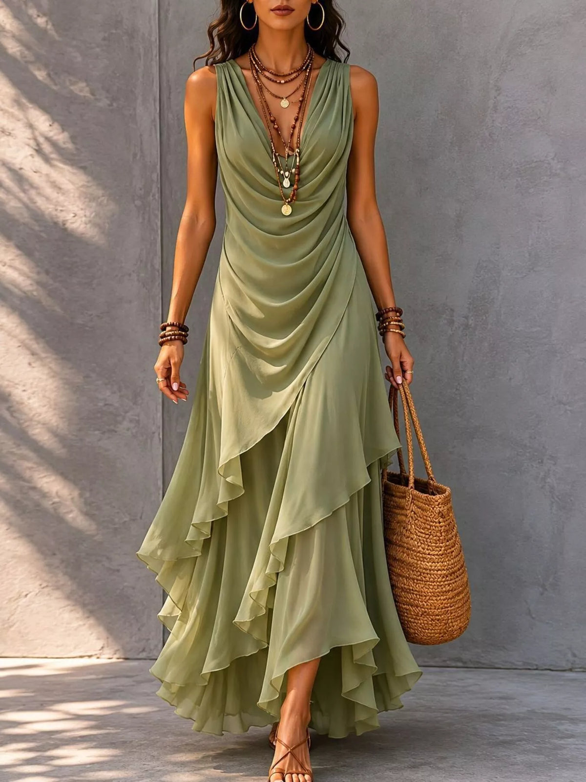 Moss sleeveless layered ruffle hem maxi dress