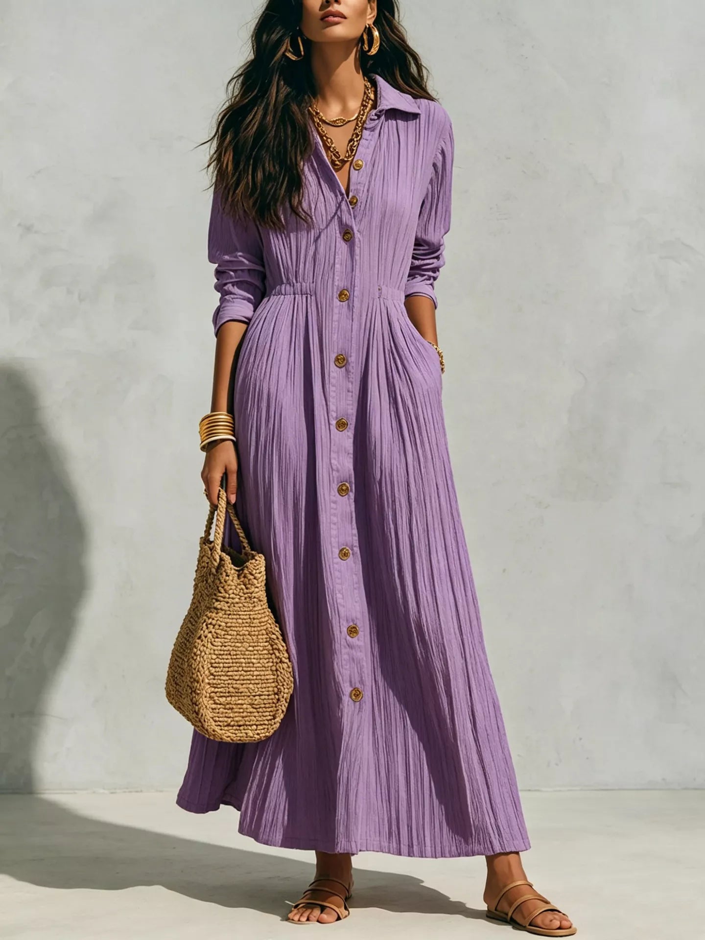 Trendsi Full Size Textured Button Down Long Sleeve Maxi Dress Plus Size -