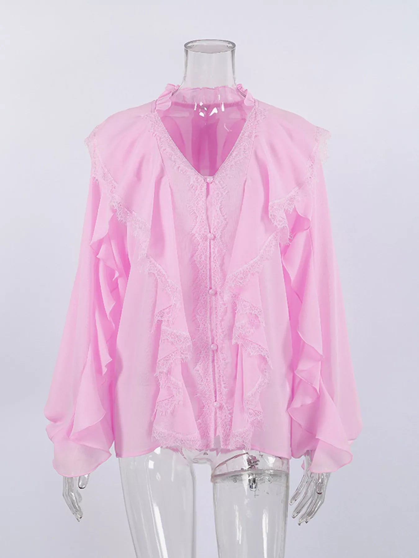 Trendsi V-Neck Ruffled Lace Trim Blouse -