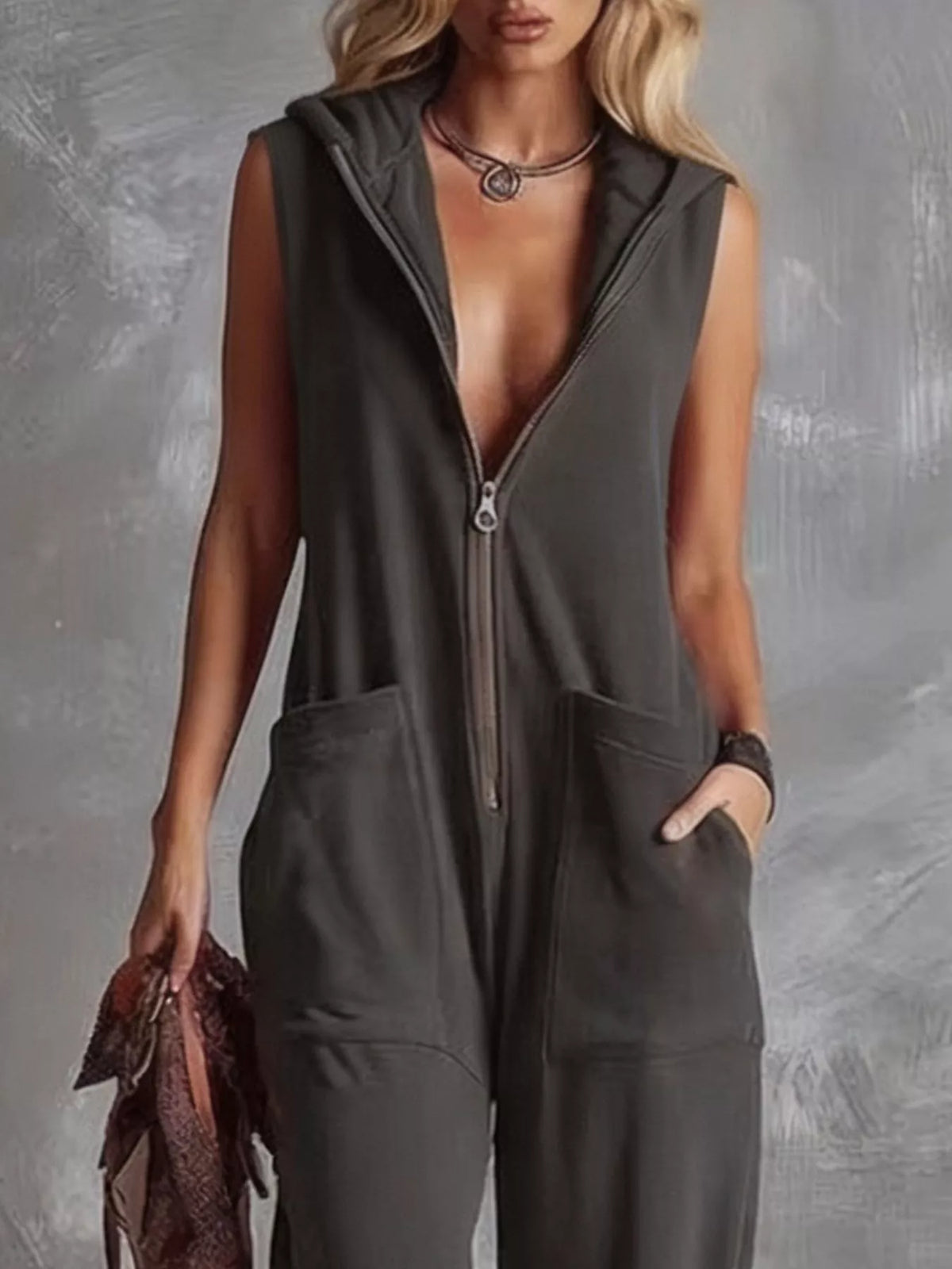 Trendsi Sleeveless Hooded Zip-Front Casual Jumpsuit -