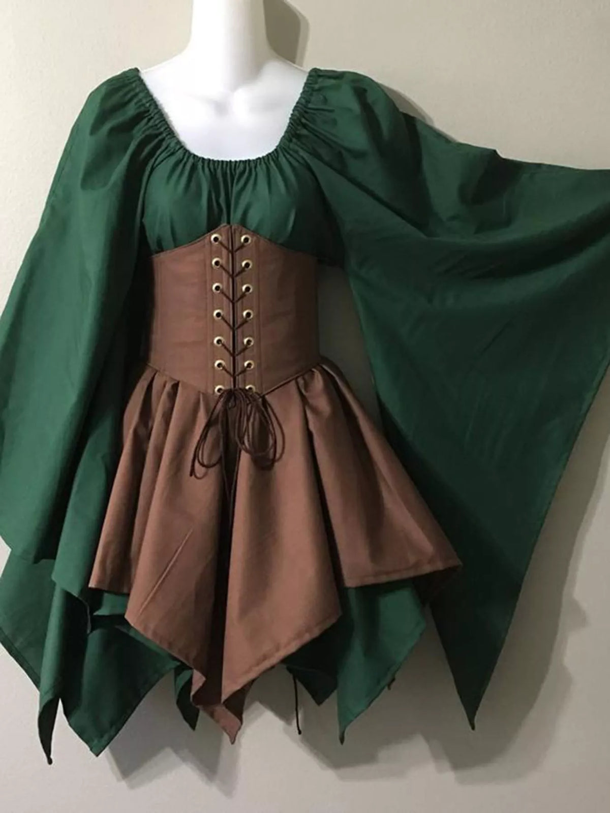 Lace-up asymmetric dress, green brown front