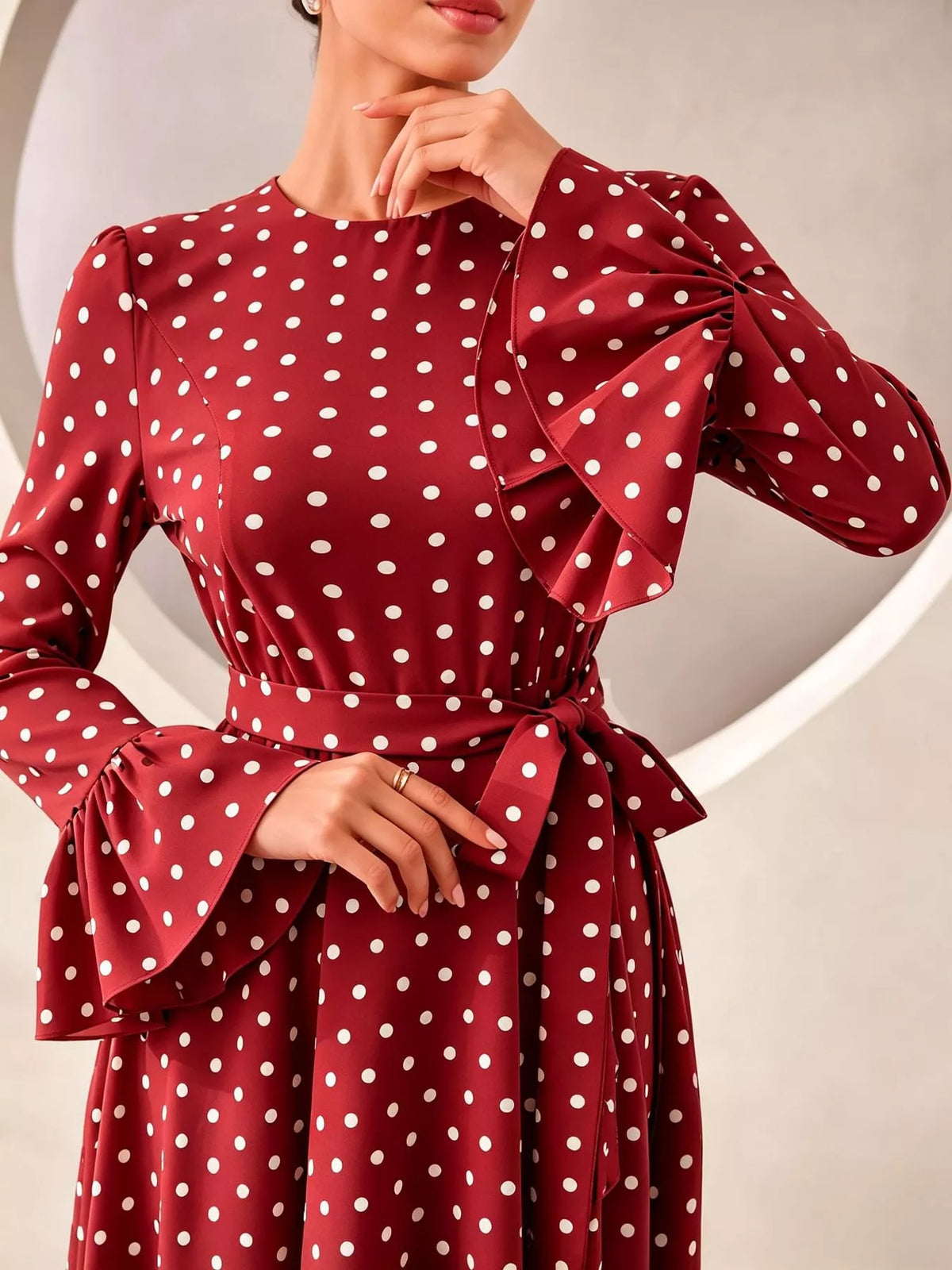 Polka Dot Long Sleeve Maxi Dress with Waist Tie, detail view in red and white