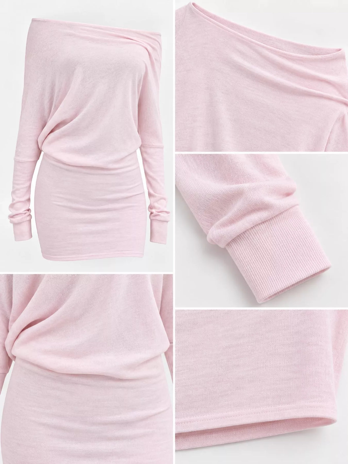 Women's One Shoulder Knit Mini Dress in pink — detail collage view