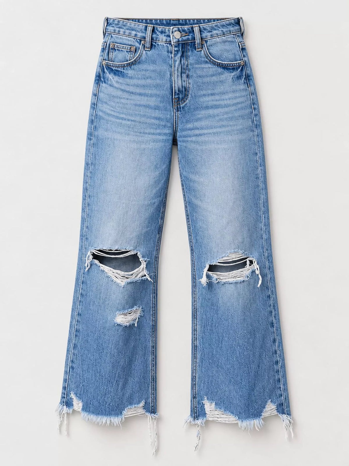 Blue distressed flare jeans — front view