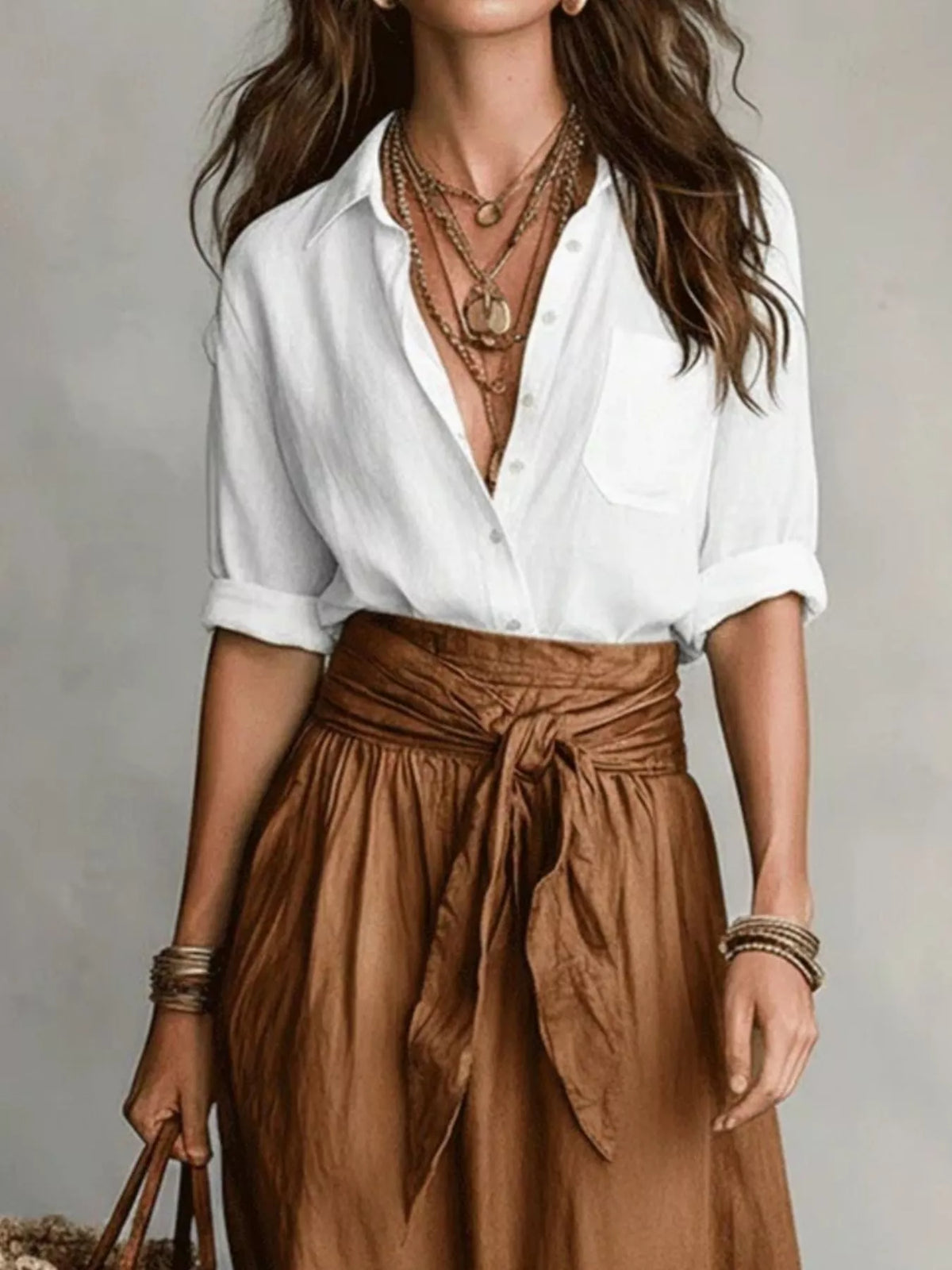 White and brown button-front shirt and skirt set, shirt and waist tie detail