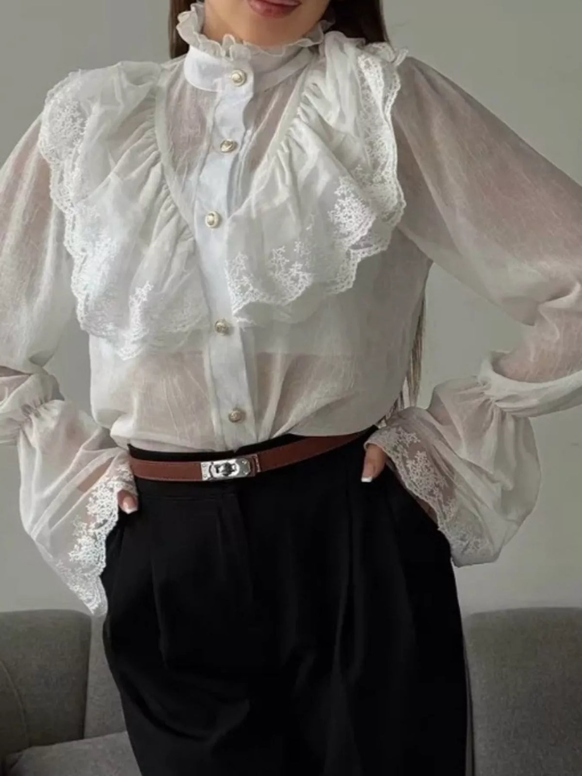 Lace Button-Up Flounce Sleeve Shirt — front view