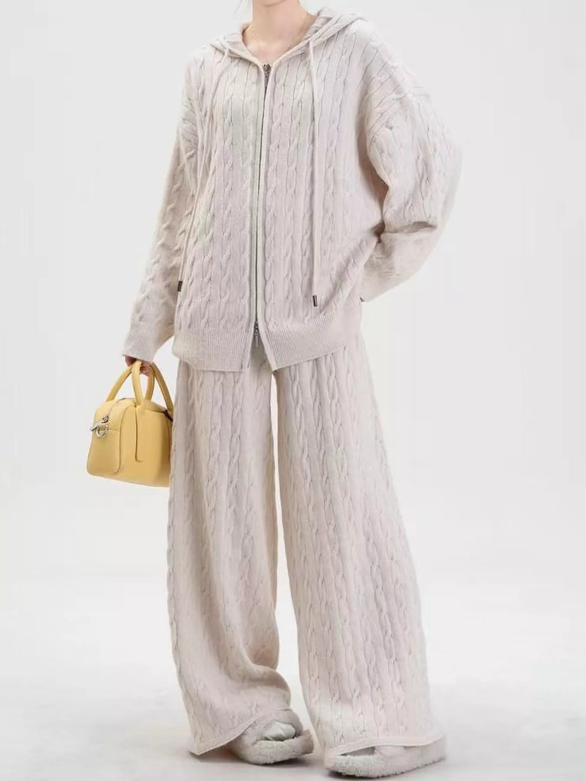 Cable-knit cardigan and pants set, cream front