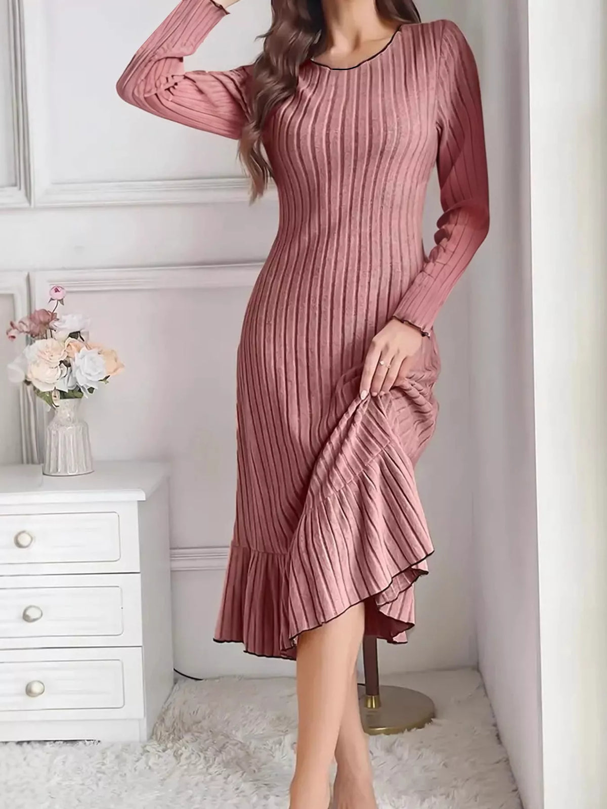 Dusty rose ribbed knit ruffle-hem bodycon dress