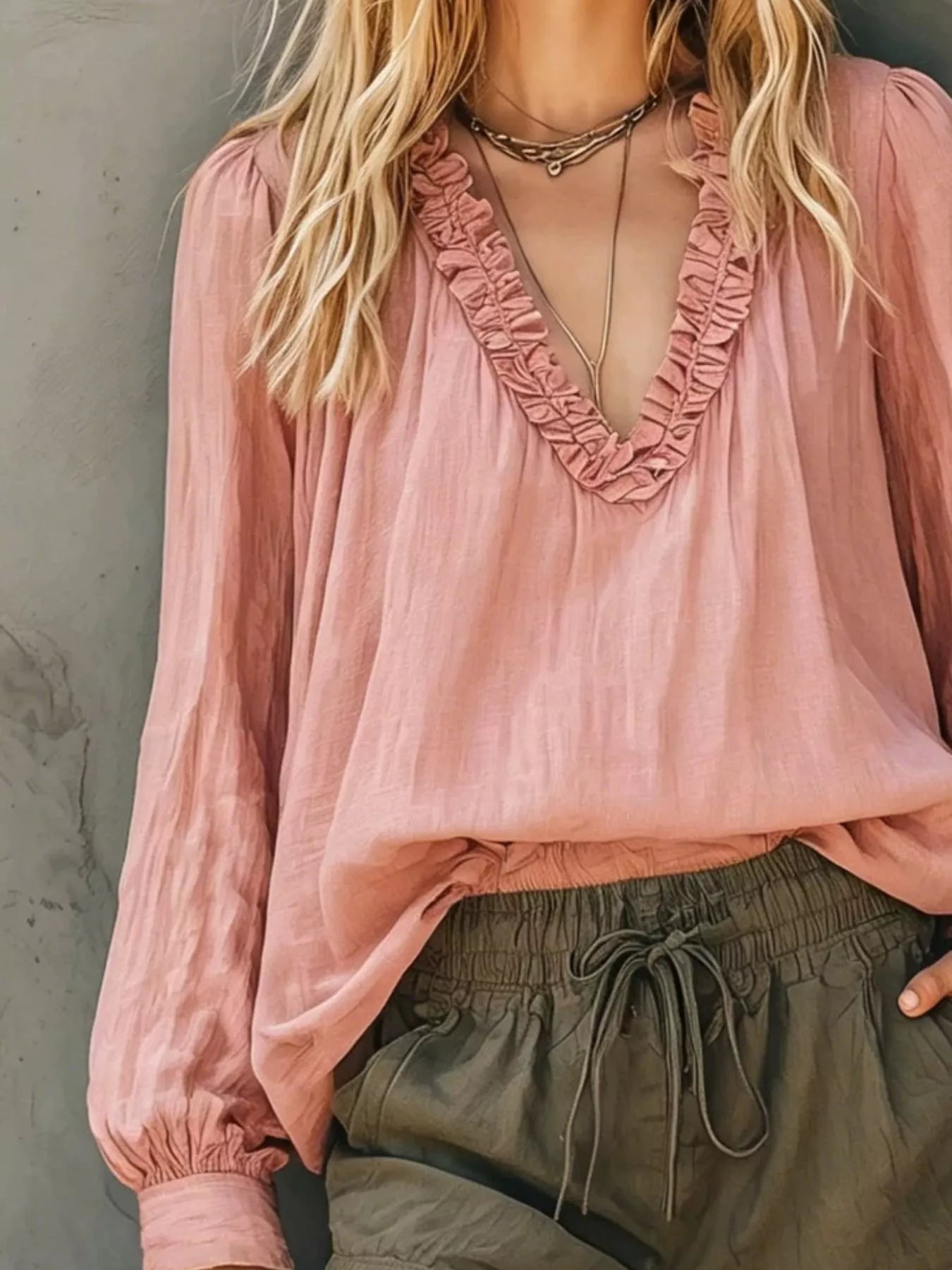 Trendsi Bohemian Ruffled V-Neck Long Sleeve Blouse -