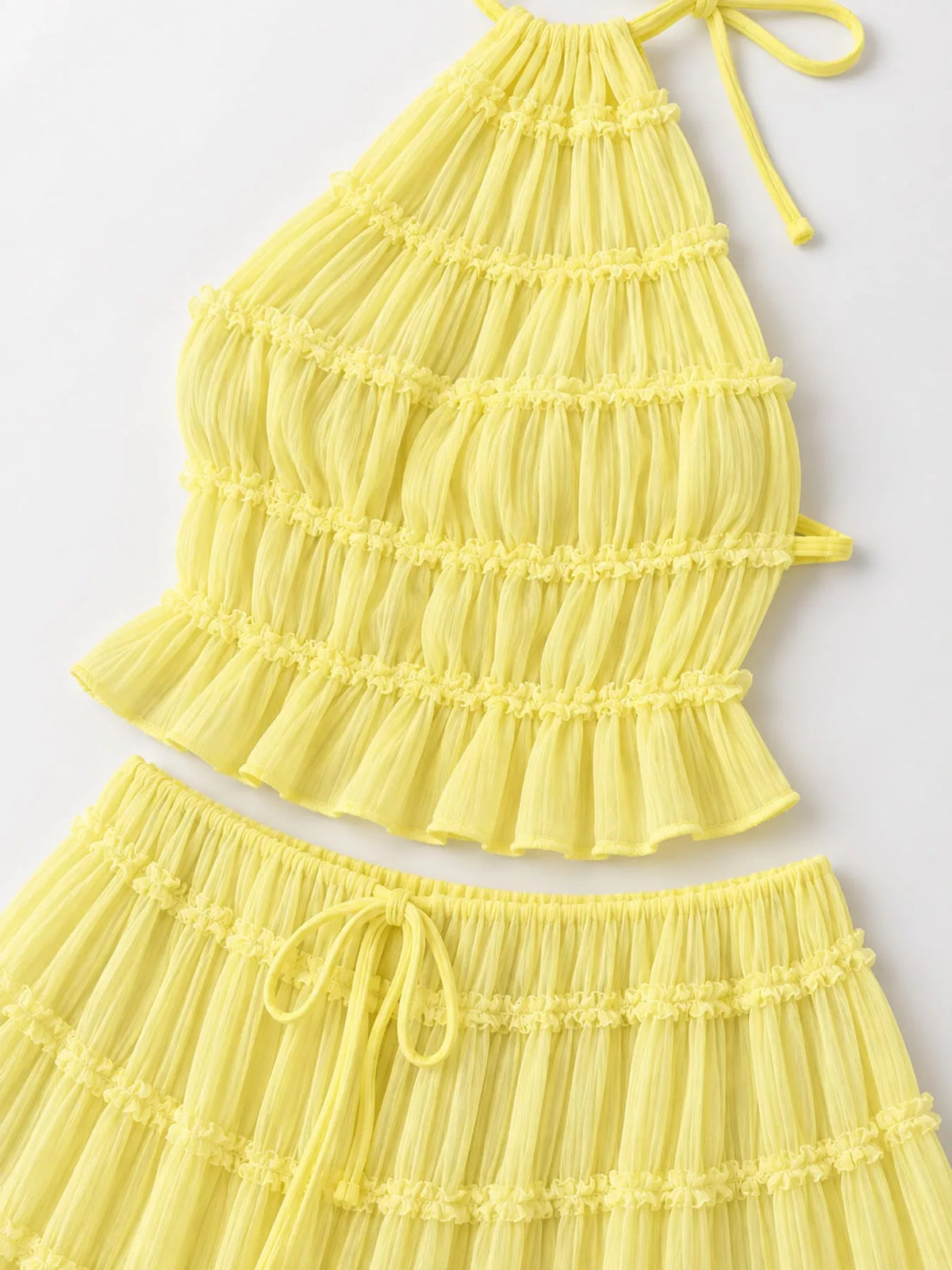 Halter top and skirt set, yellow ruffle detail