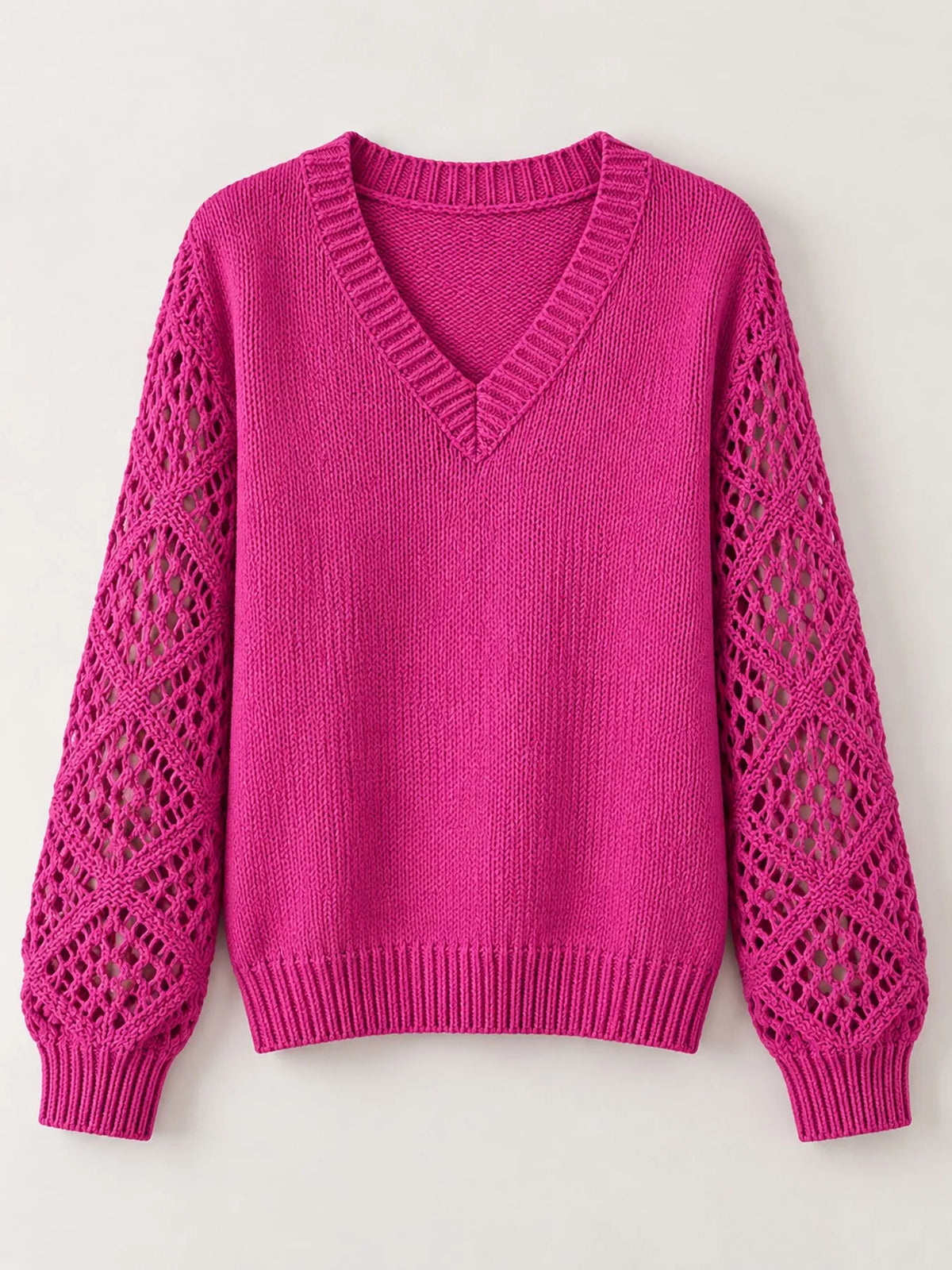 Fuchsia v neck openwork long sleeve sweater, front view