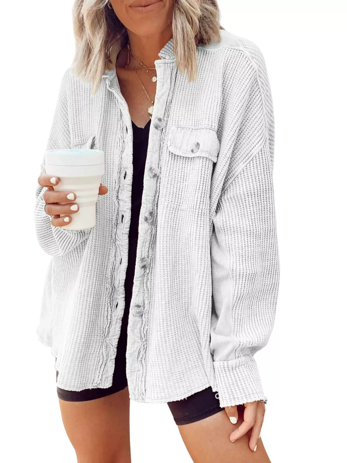 Trendsi Oversized Waffle Knit Button-Up Jacket -
