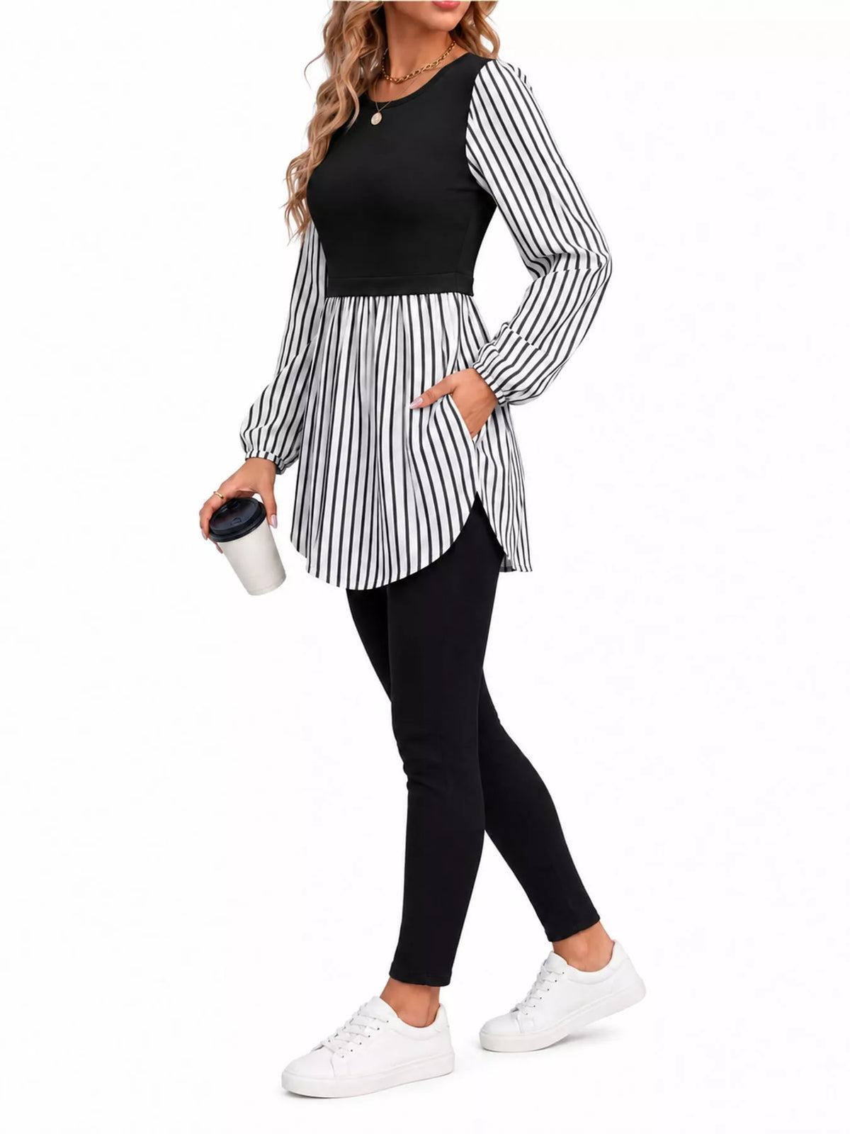 Contrast Panel Long Sleeve Tunic Blouse — side view