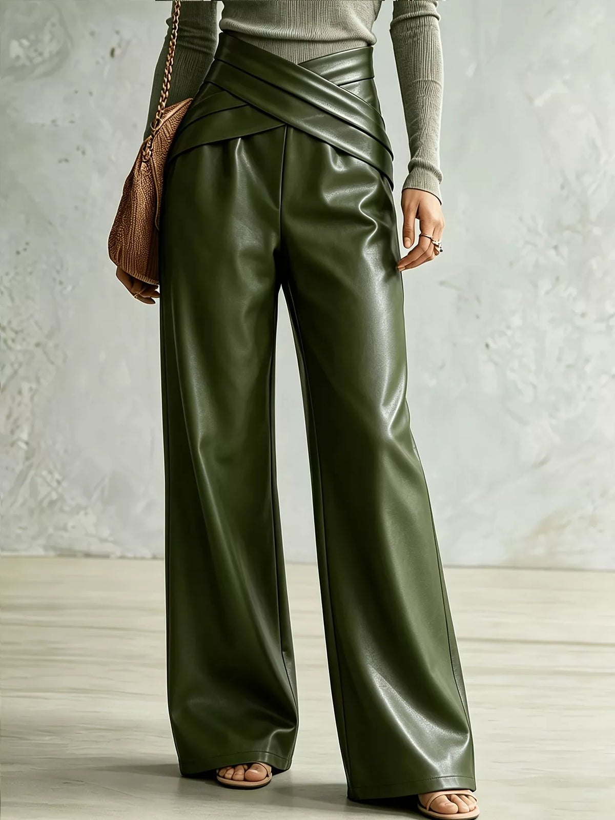 Army Green Crisscross-Waist Wide-Leg Pull-On Pants front view