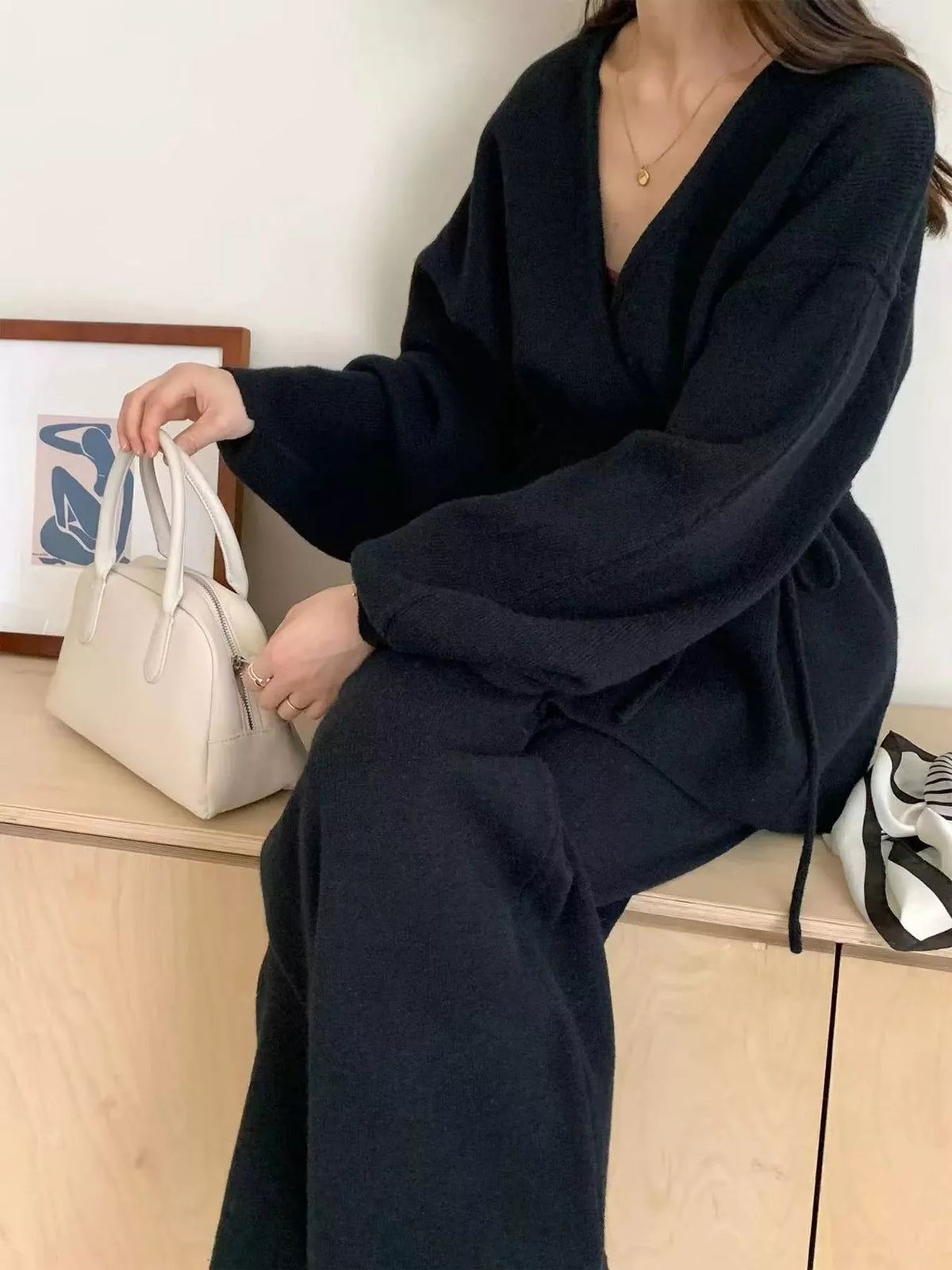 V-Neck Wrap Cardigan and Wide-Leg Pants Sweater Set in navy blue