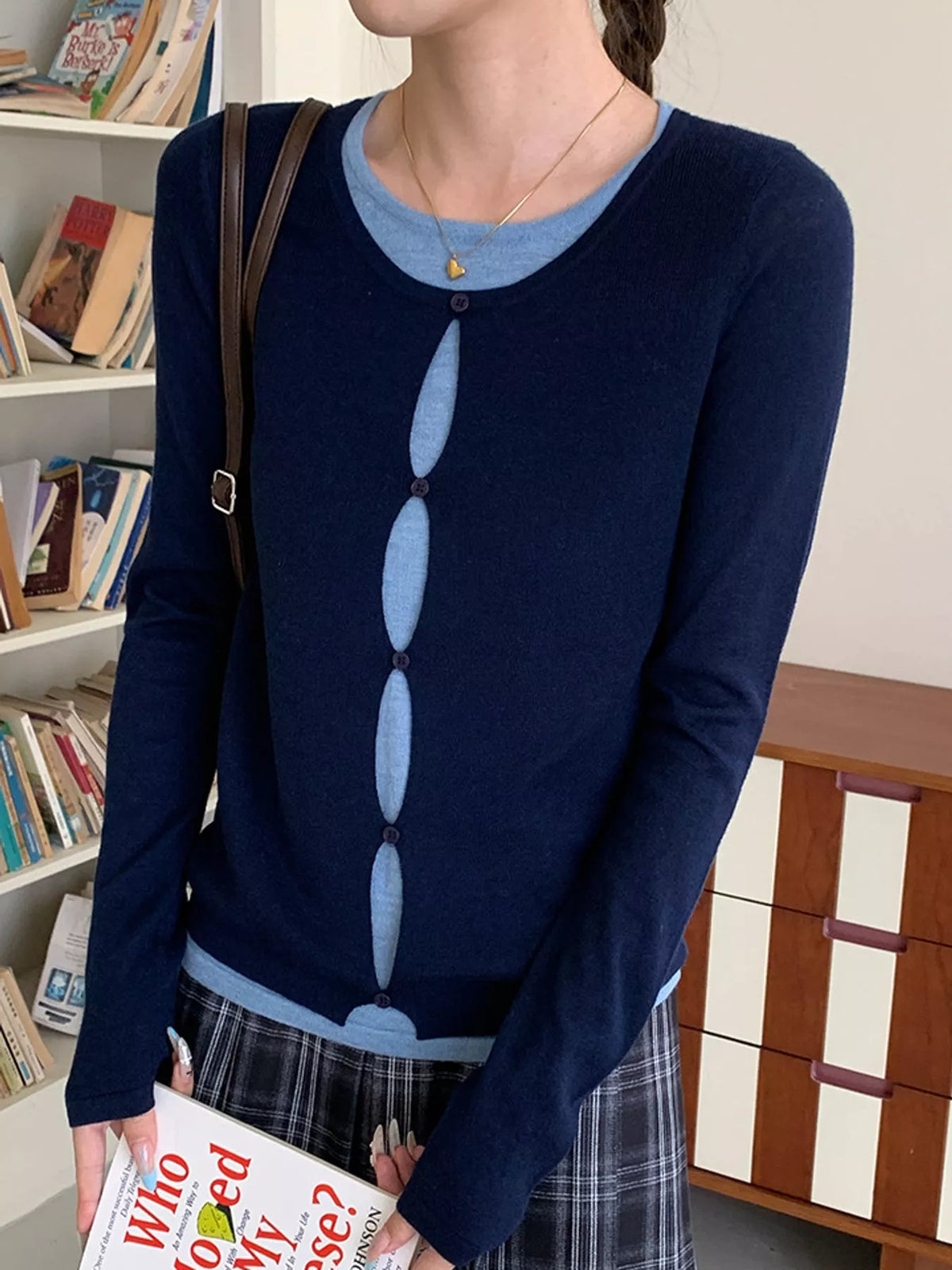 Layered knit top, navy front