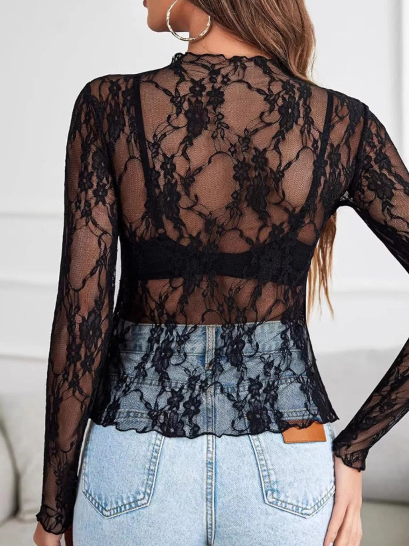 Trendsi Sheer Floral Lace Long Sleeve Top -