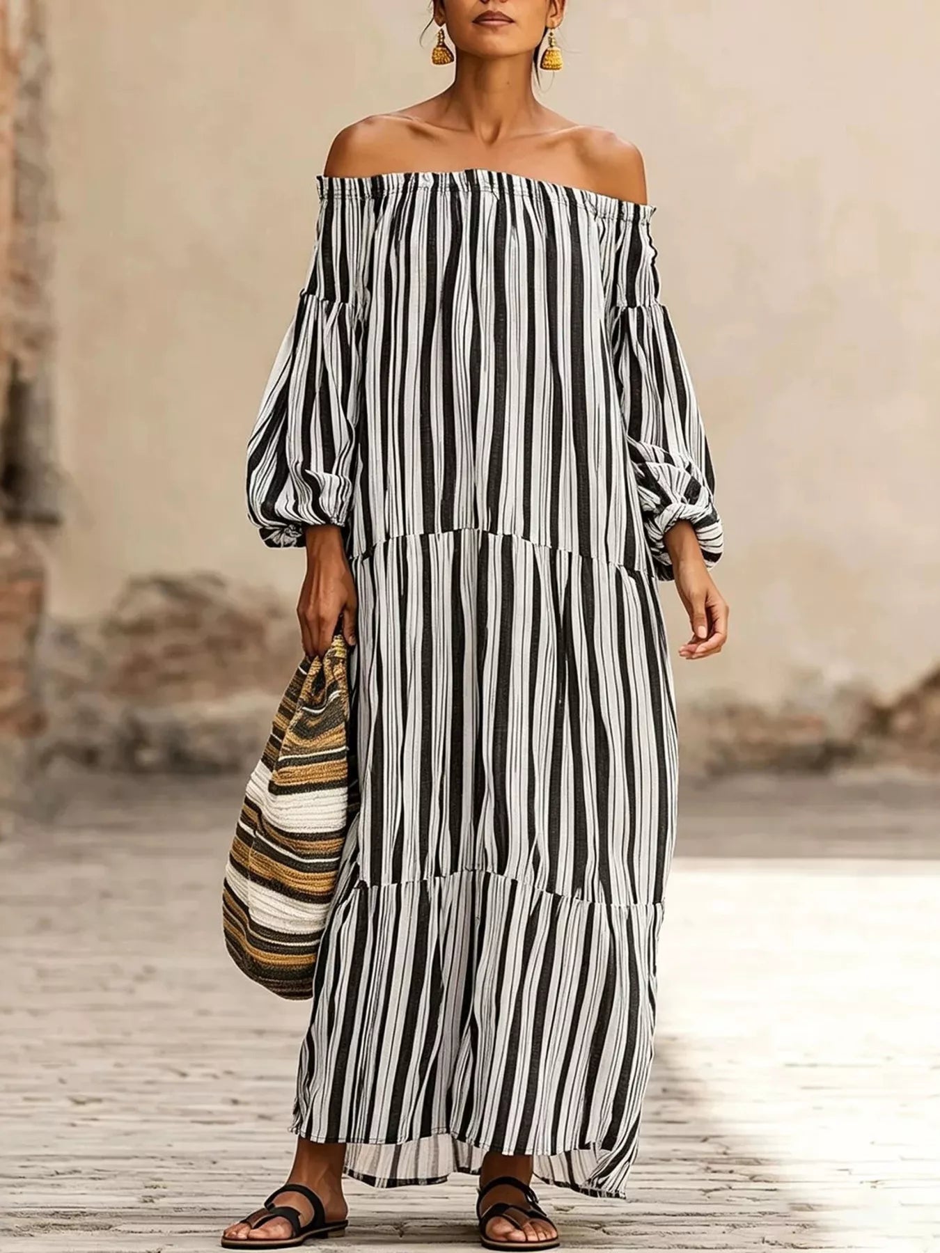 Trendsi Off-Shoulder Striped Maxi Dress -