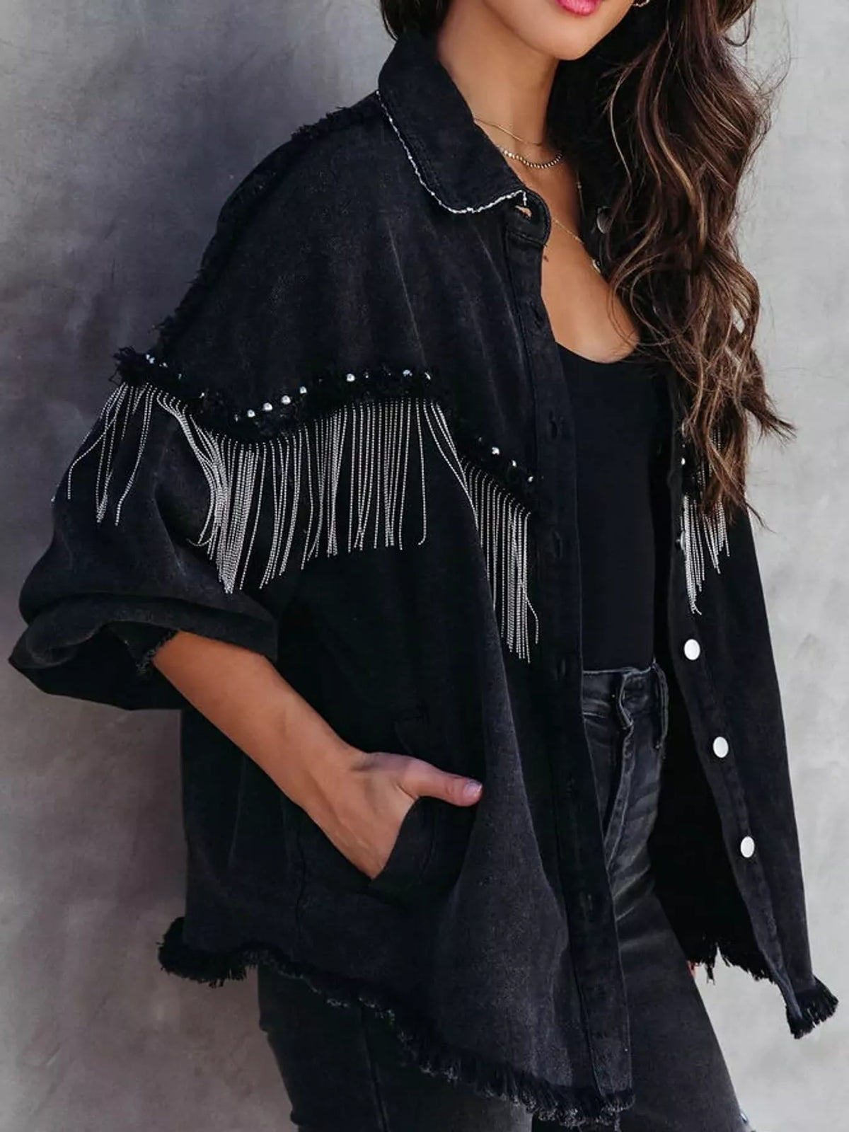 Fringe Washed Denim Jacket, front view