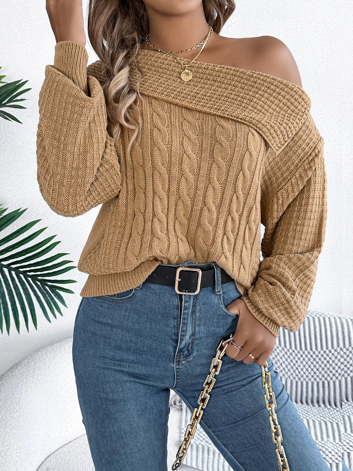 One Shoulder Cable Knit Sweater in camel, front view