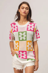 Trendsi BiBi Flower Checker Pattern Lightweight Sweater Top -