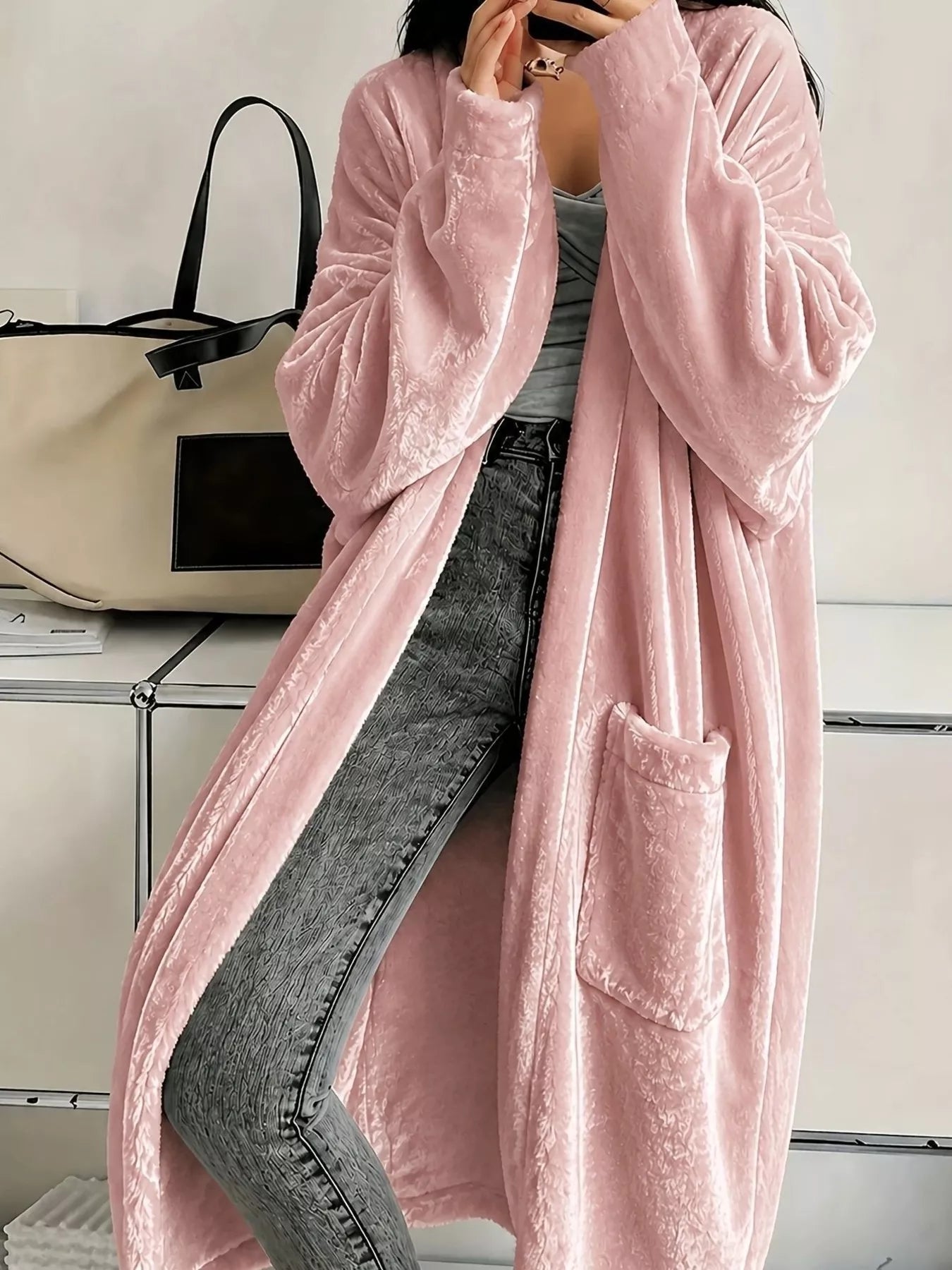 Trendsi Full Size Velvet Open-Front Longline Outerwear Plus Size -