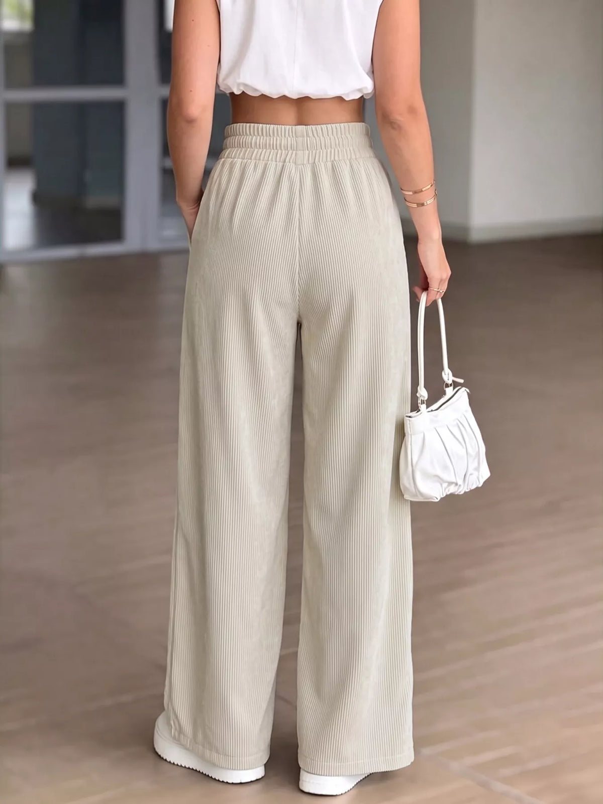 High-Waisted Wide-Leg Casual Pants with Elastic Waistband, back view