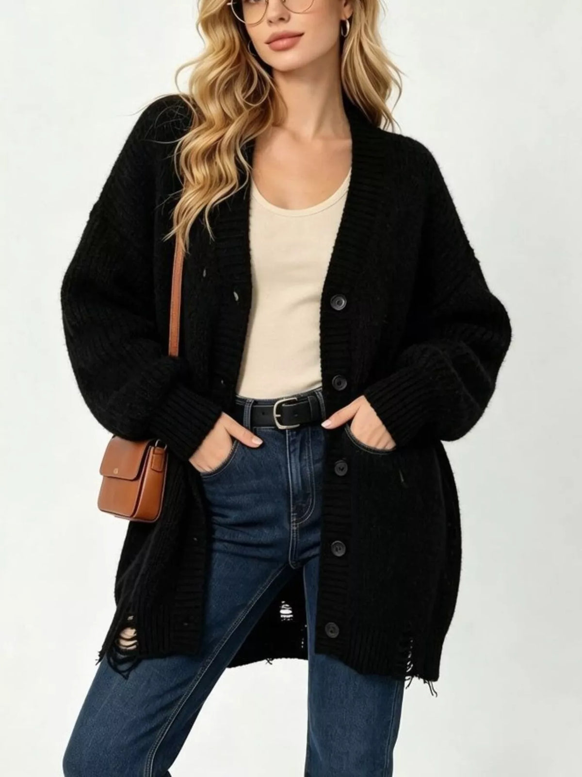 Black distressed button-down cardigan, front view