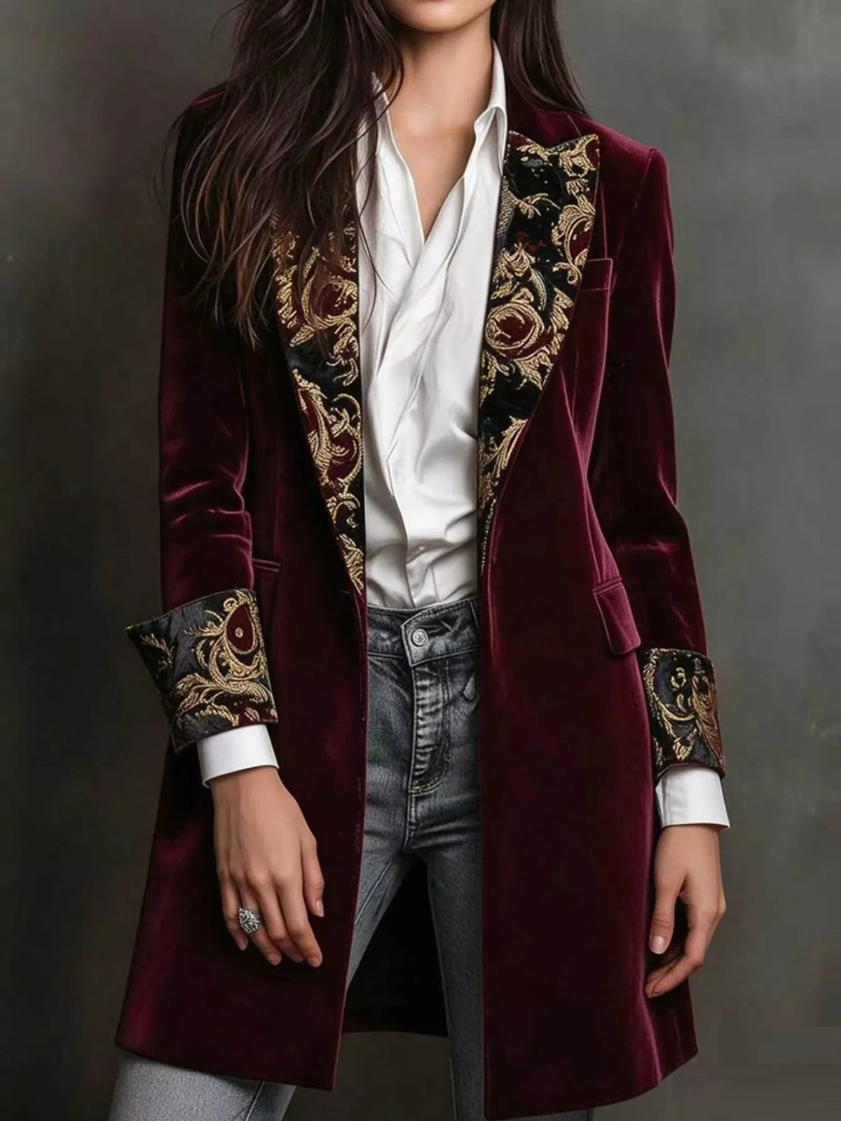 Burgundy (with Lining) floral lapels and cuffs velvet blazer