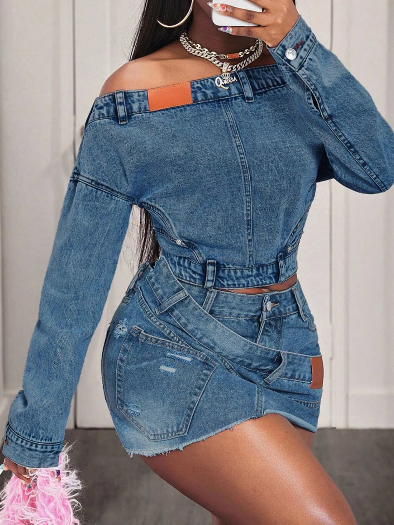 Trendsi Off-Shoulder Long Sleeve Denim Top -