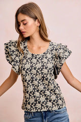 Trendsi BiBi Floral Jacquard Ruffle Sleeves Knit Top -