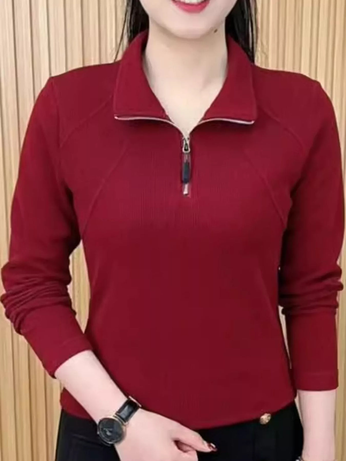 Quarter-zip ribbed top, red front