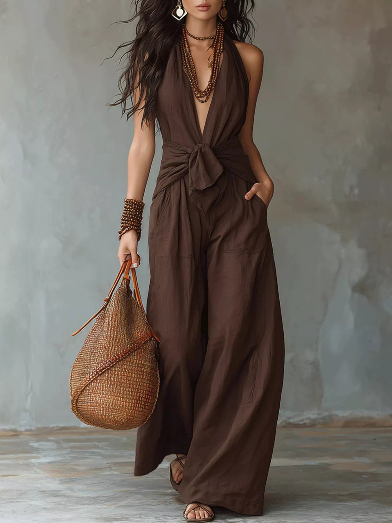 Trendsi Backless Halter Neck Wide Leg Jumpsuit -
