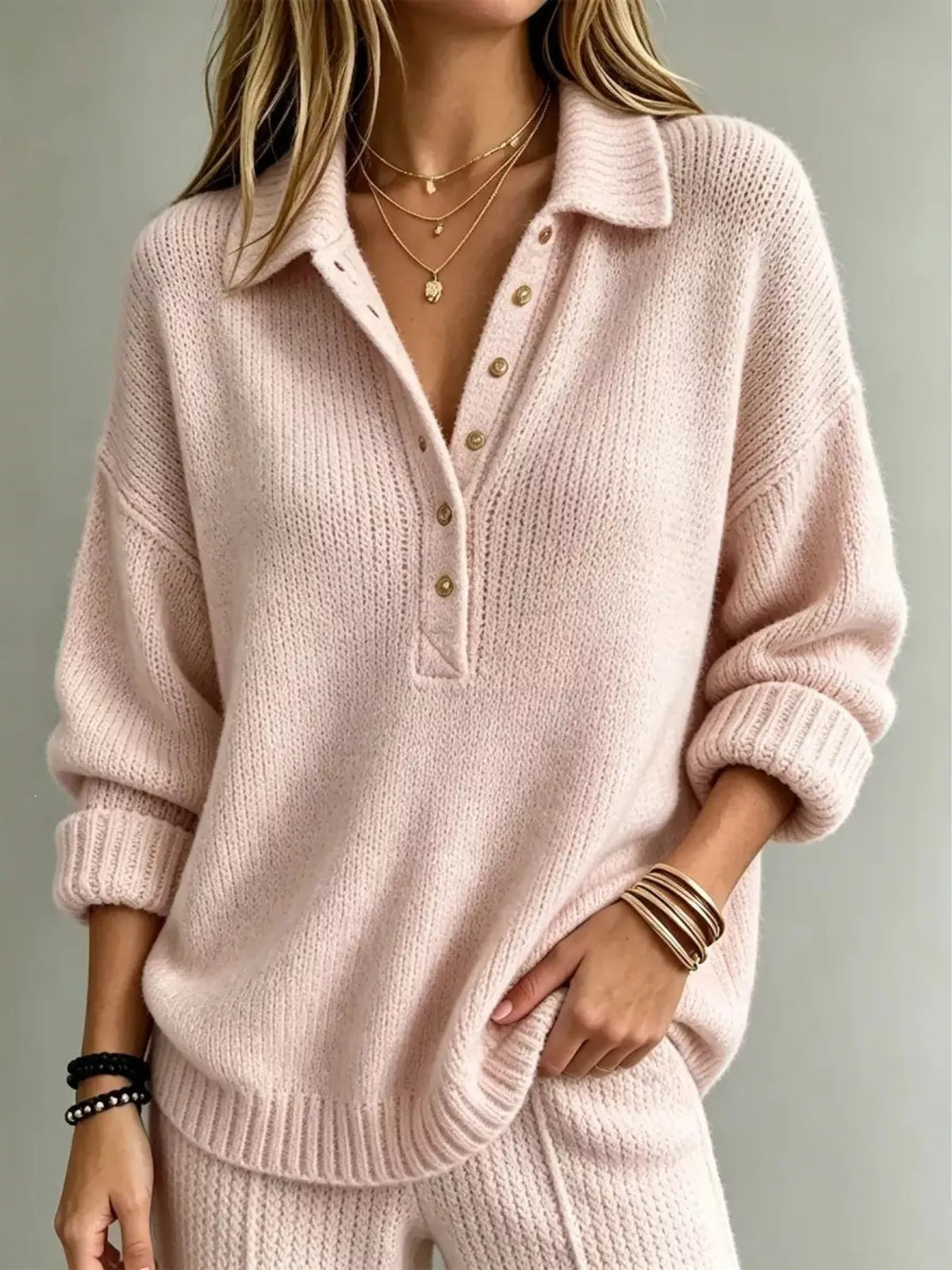 Women's Button Detail Dropped Shoulder Sweater in pink — front view