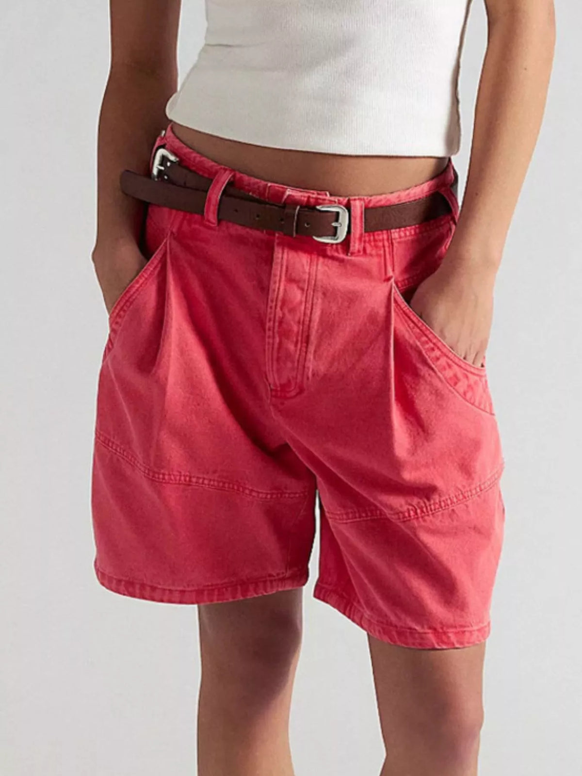 Red high-waisted denim shorts