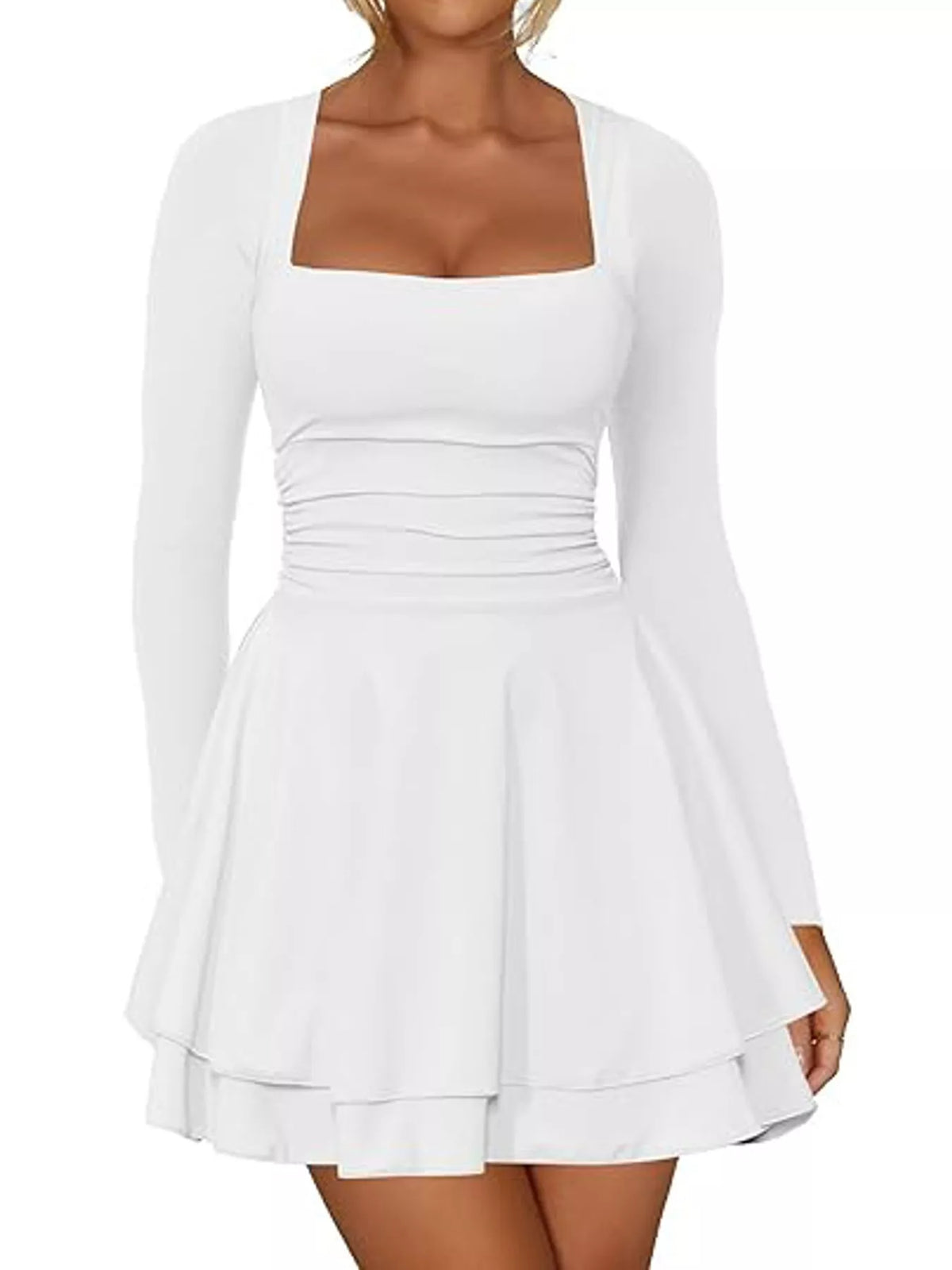 Square neck long sleeve mini dress, front view on model