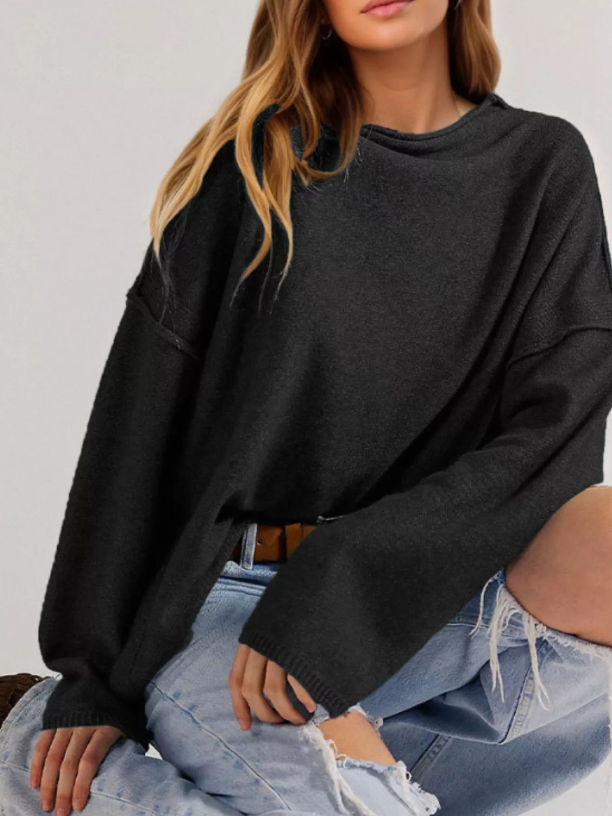 Trendsi Exposed Seam Mock Neck Knit Top -