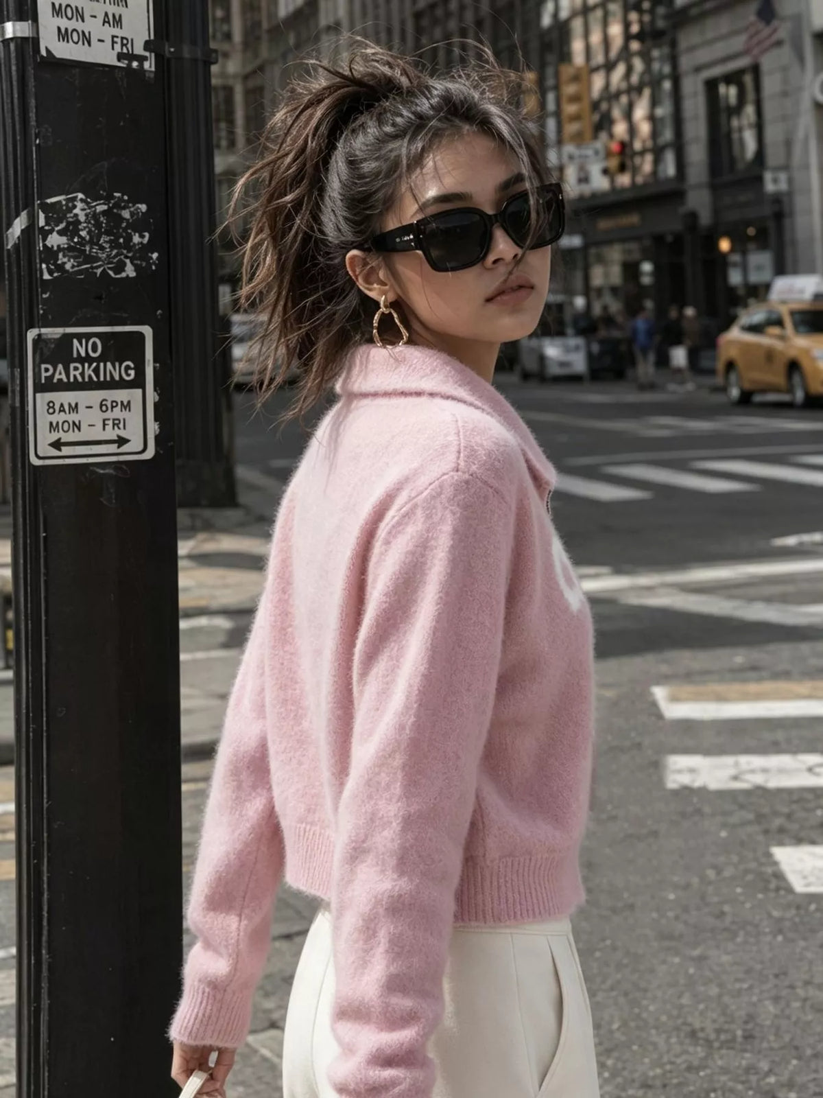 Pink fuzzy letter zip-up cardigan, back view.