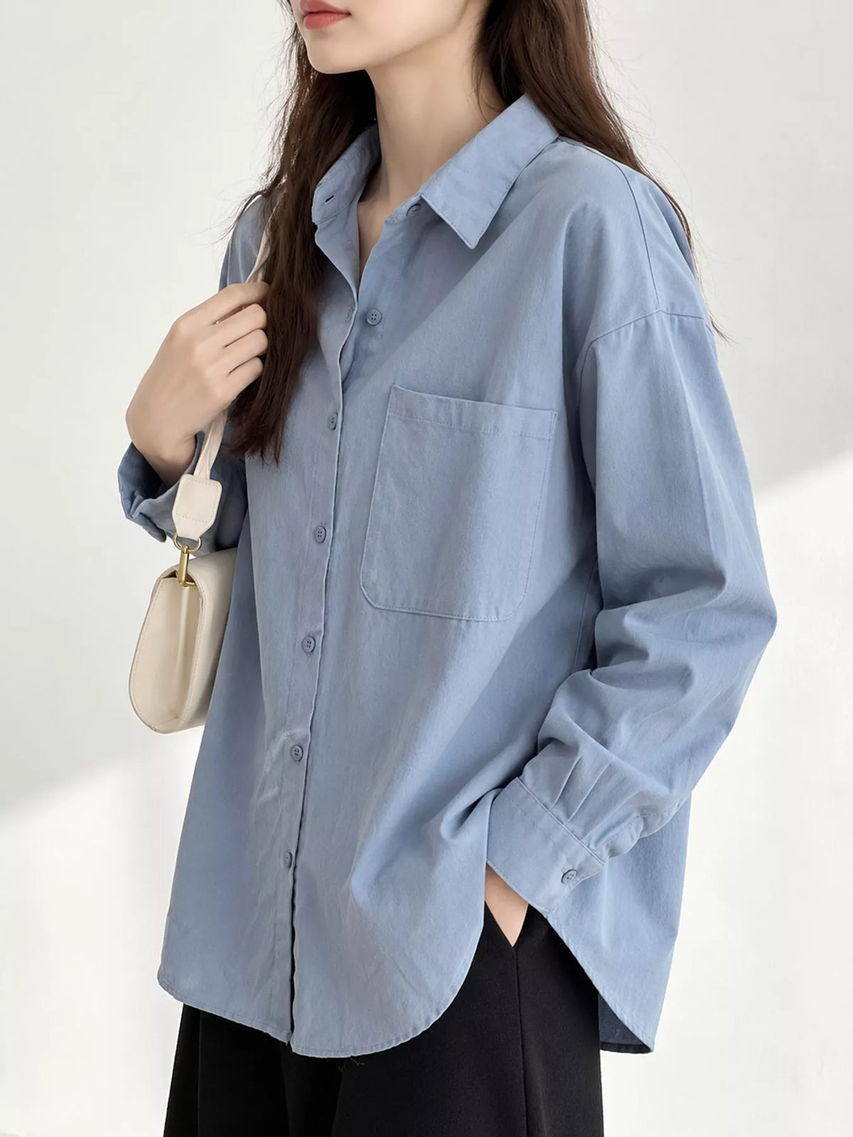 Blue oversized button-down long sleeve shirt