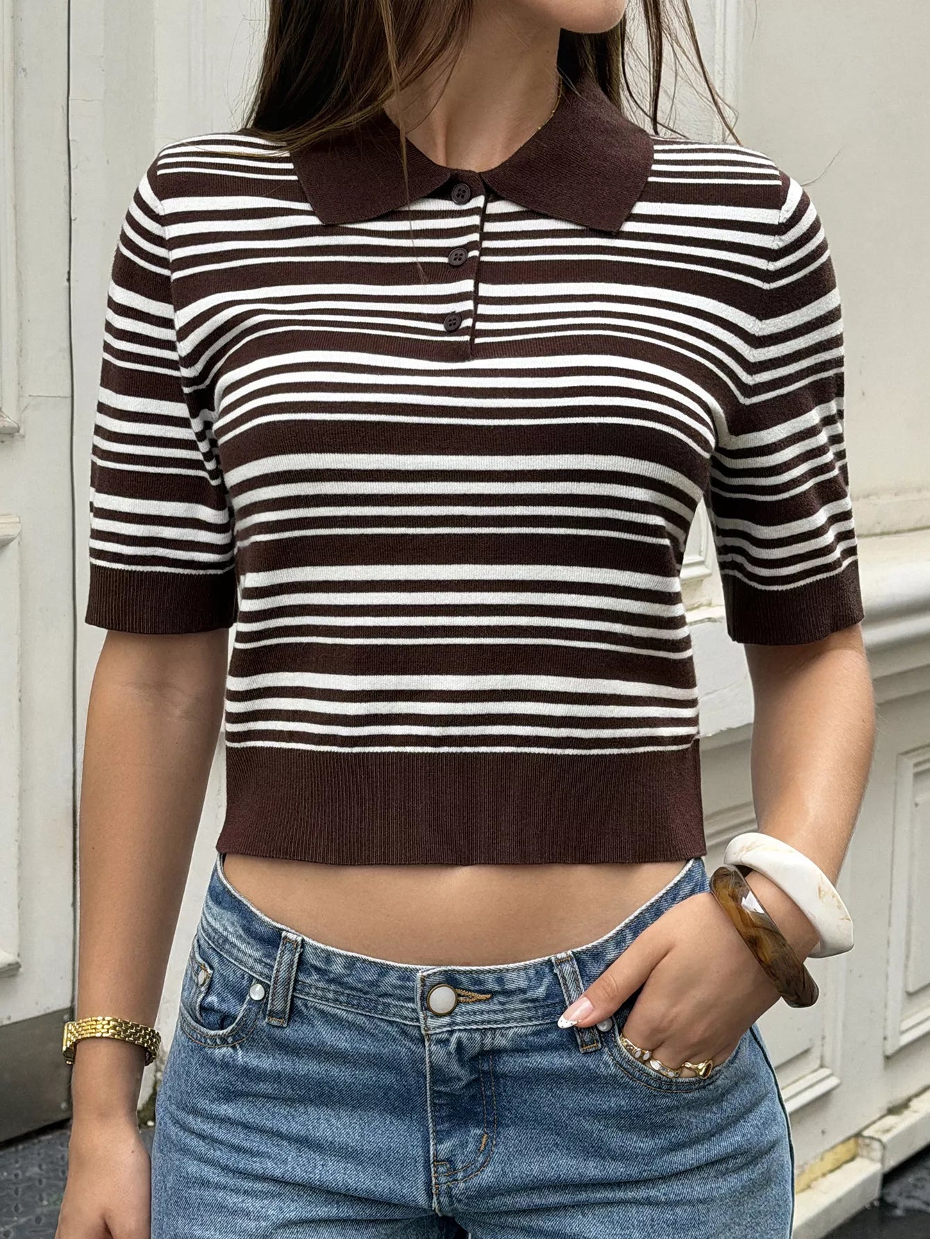 Trendsi Striped Polo Cropped Knit Top -