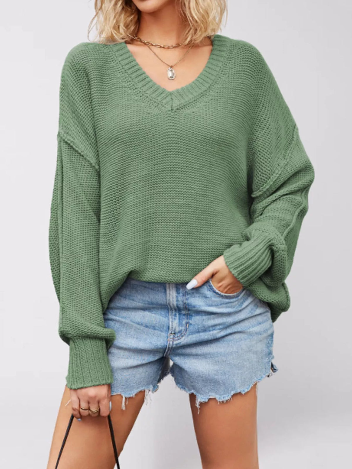 Trendsi V-Neck Loose Knit Drop Shoulder Sweater -