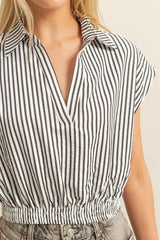 Trendsi HYFVE Striped Elastic Hem Johnny Collar Cap Sleeve Blouse - Pants