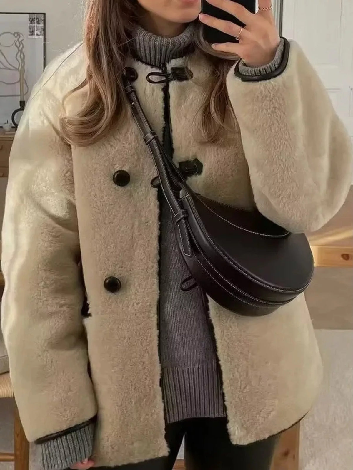 Beige faux shearling toggle coat, front view