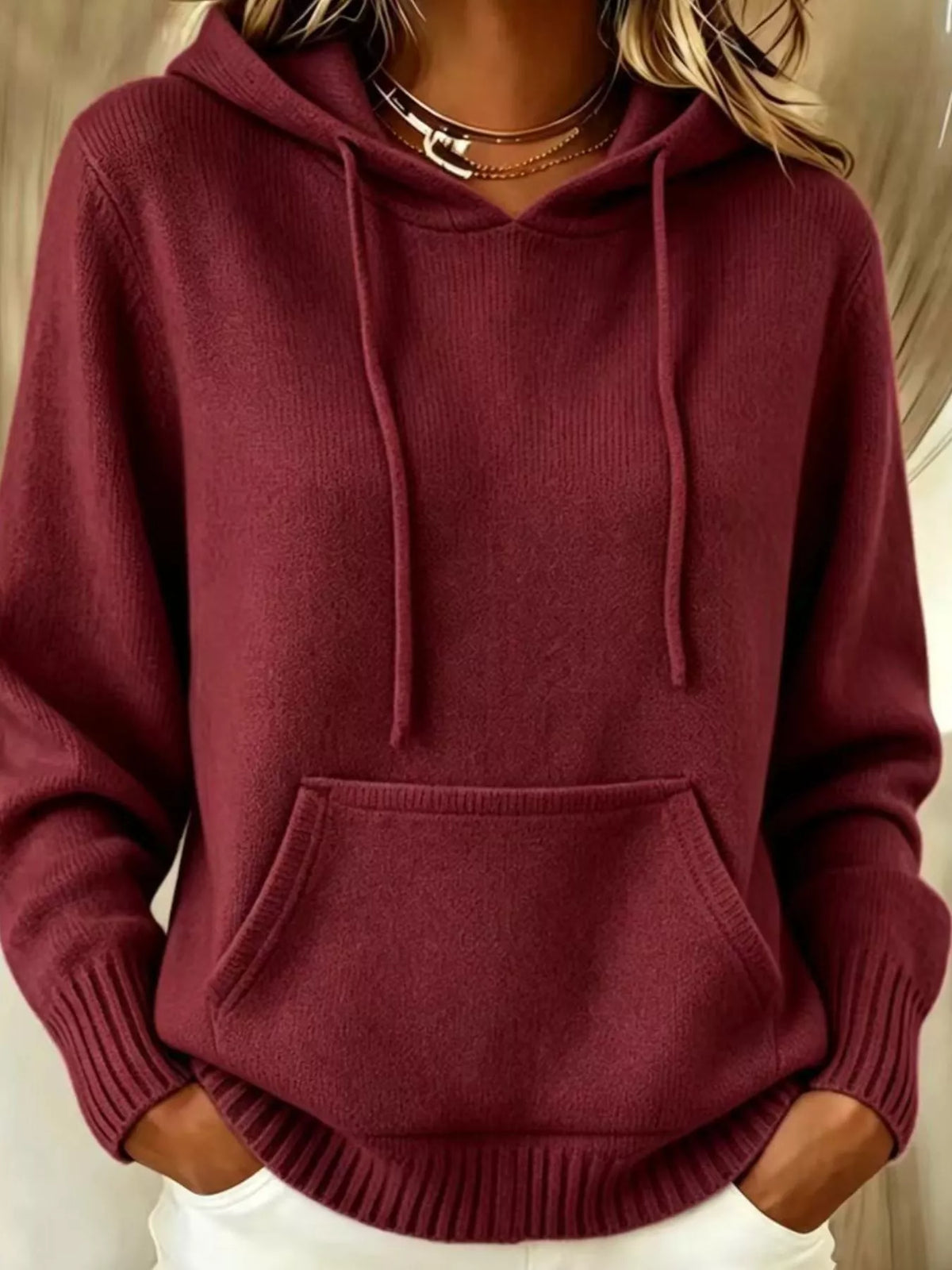 Women's Drawstring Kangaroo Pocket Hooded Sweater in burgundy — front view