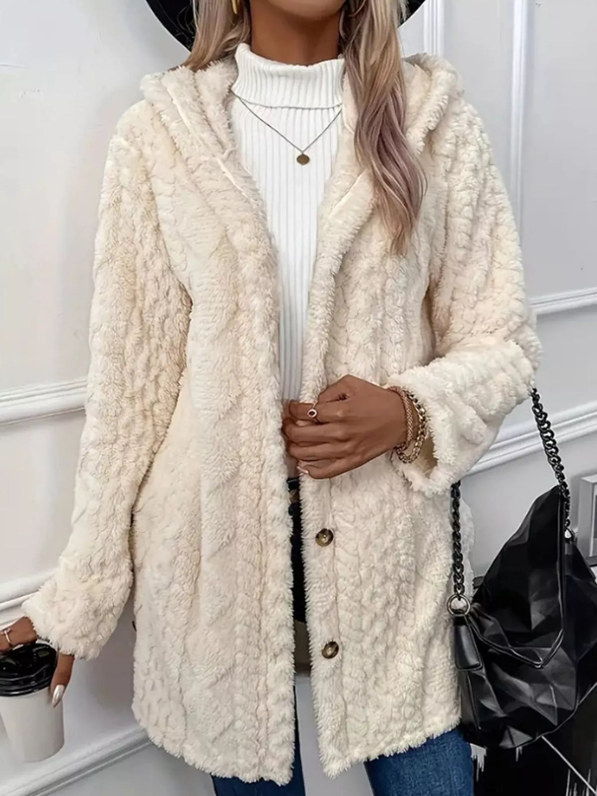 White cable knit faux fur hooded jacket