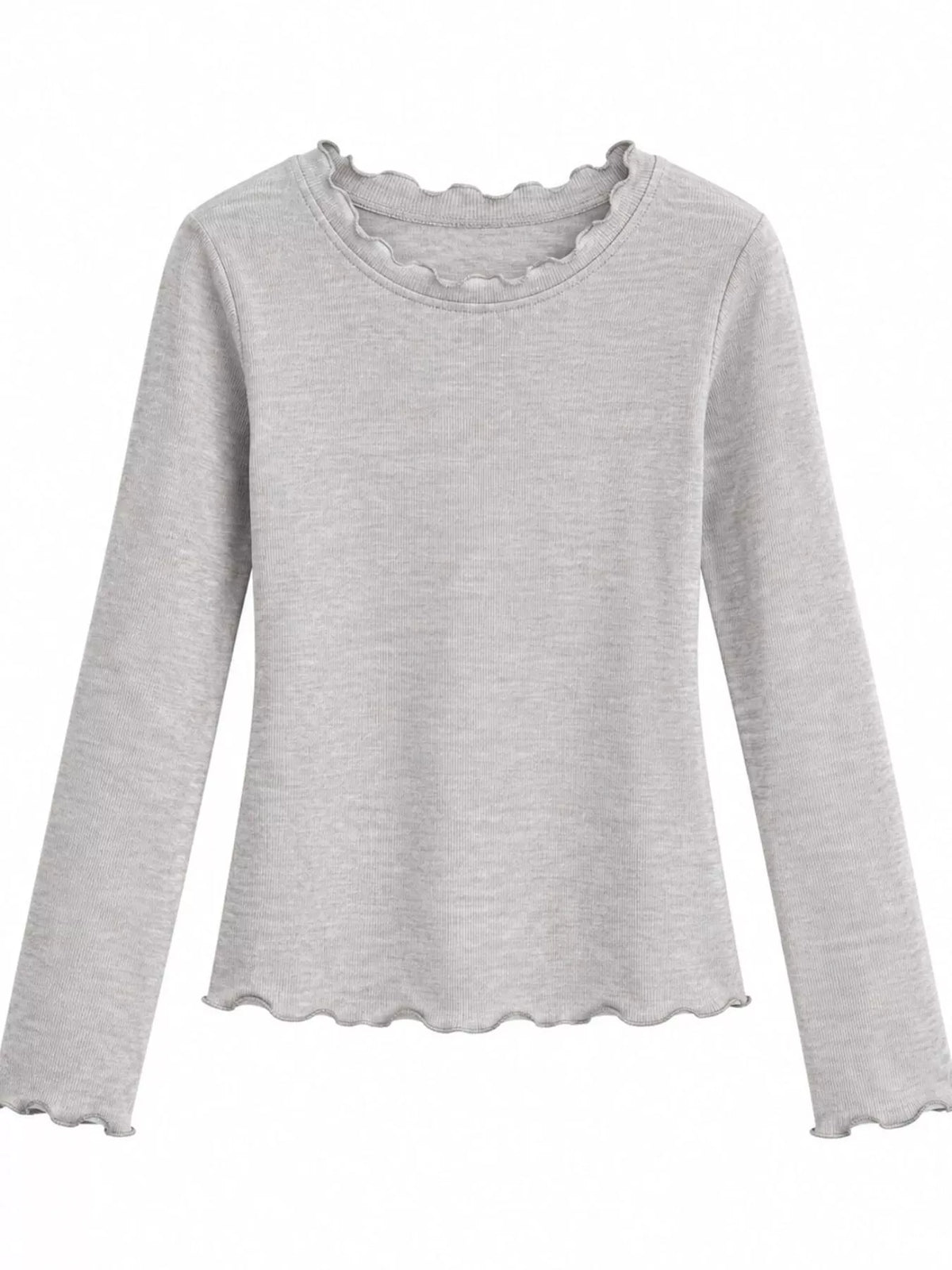 Long Sleeve Lettuce Edge Crew Neck T-Shirt in gray